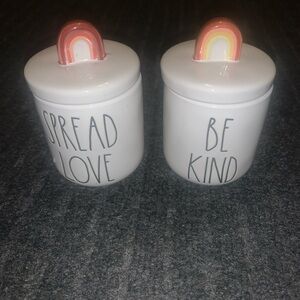 2 RAE DUNN JARS CONTAINERS WITH LIDS TOPS SAYS BE KIND SPREAD LOVE